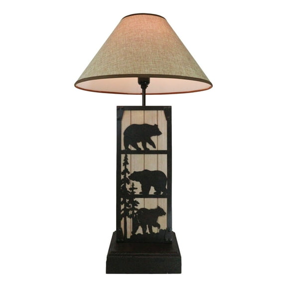 Rustic Western Black Bears In Forest Wood And Metal Bedside Desktop Table Lamp