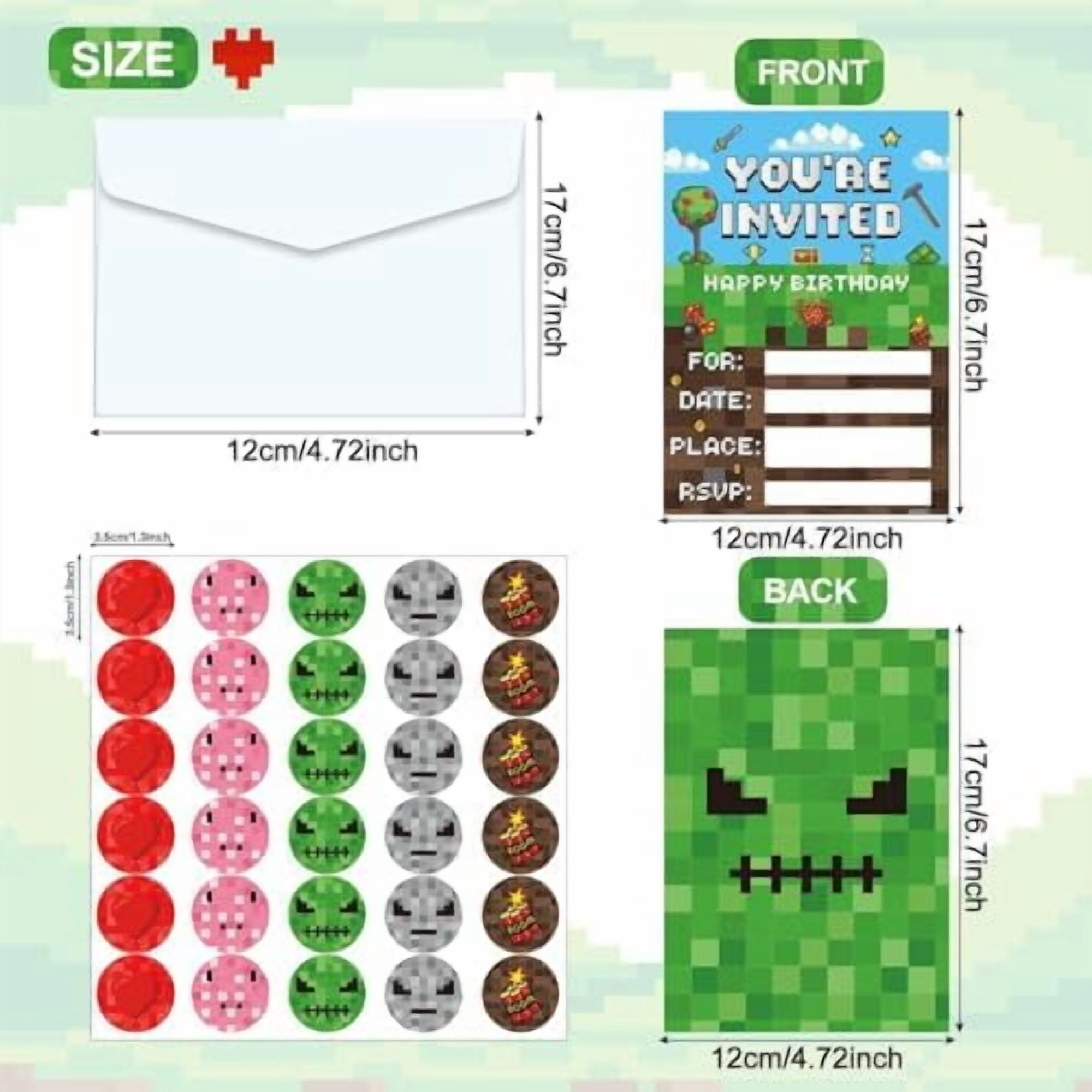30 Sets Pixel Birthday Party Invitations with Envelopes Sticker Video Game Party Invitations Invites Card for Kids Boys Pixel Theme Favors