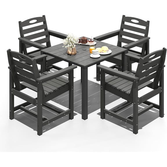 5 Piece HDPE Outdoor Dining Set with 2" Umbrella Hole, All-Weather Patio Set for Garden, Poolside, Backyard, Grey