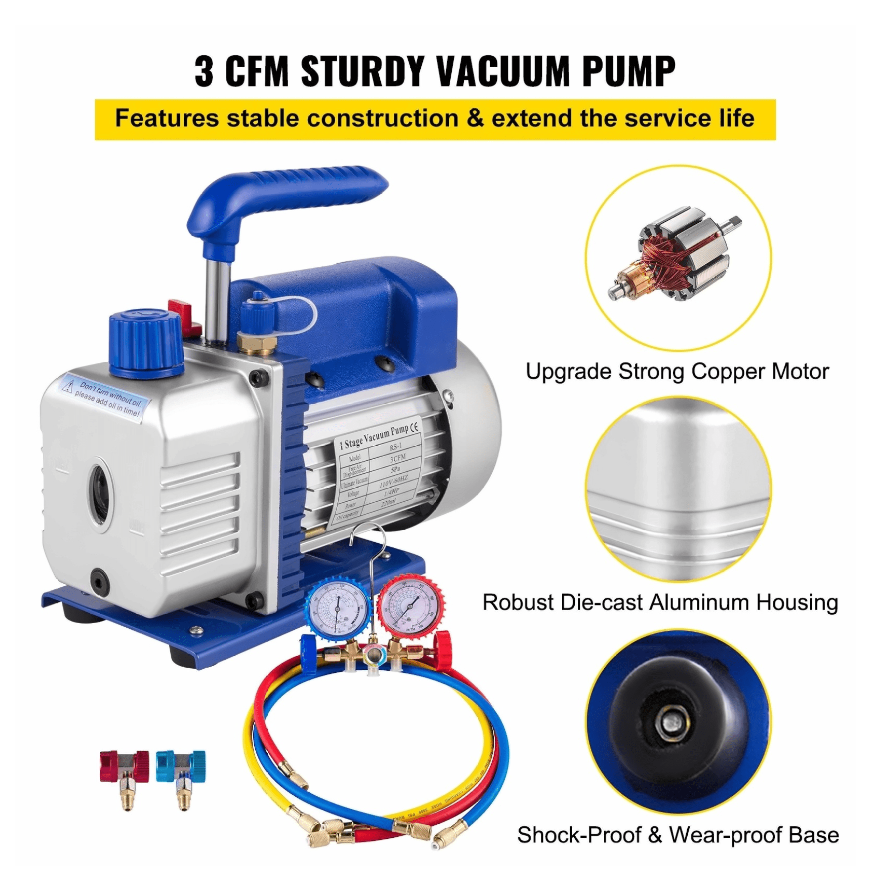 3 CFM Refrigeration Vacuum Pump Kit - 1/4HP HVAC R134a R12 R22 R410a A/C Tool Set with Manifold Gauge & Can Tap