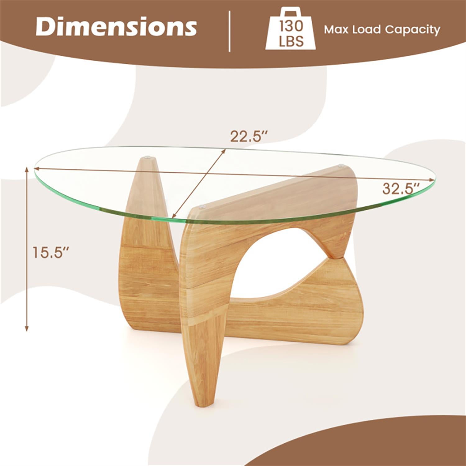 Demi Bonn Triangle Coffee Table, Dining Center Tables with Tempered Glass Top and Adjustable Rubber Wood Base for Living Room, Bedroom, Office and Balcony, Beige