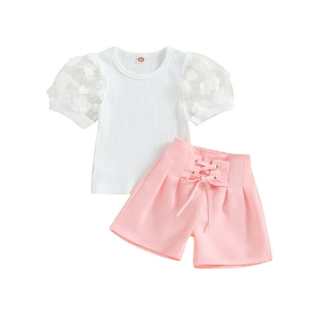 

Canis Cool Girl s Summer Clothes Set: Mesh Short Puff Sleeve Tops with Shorts