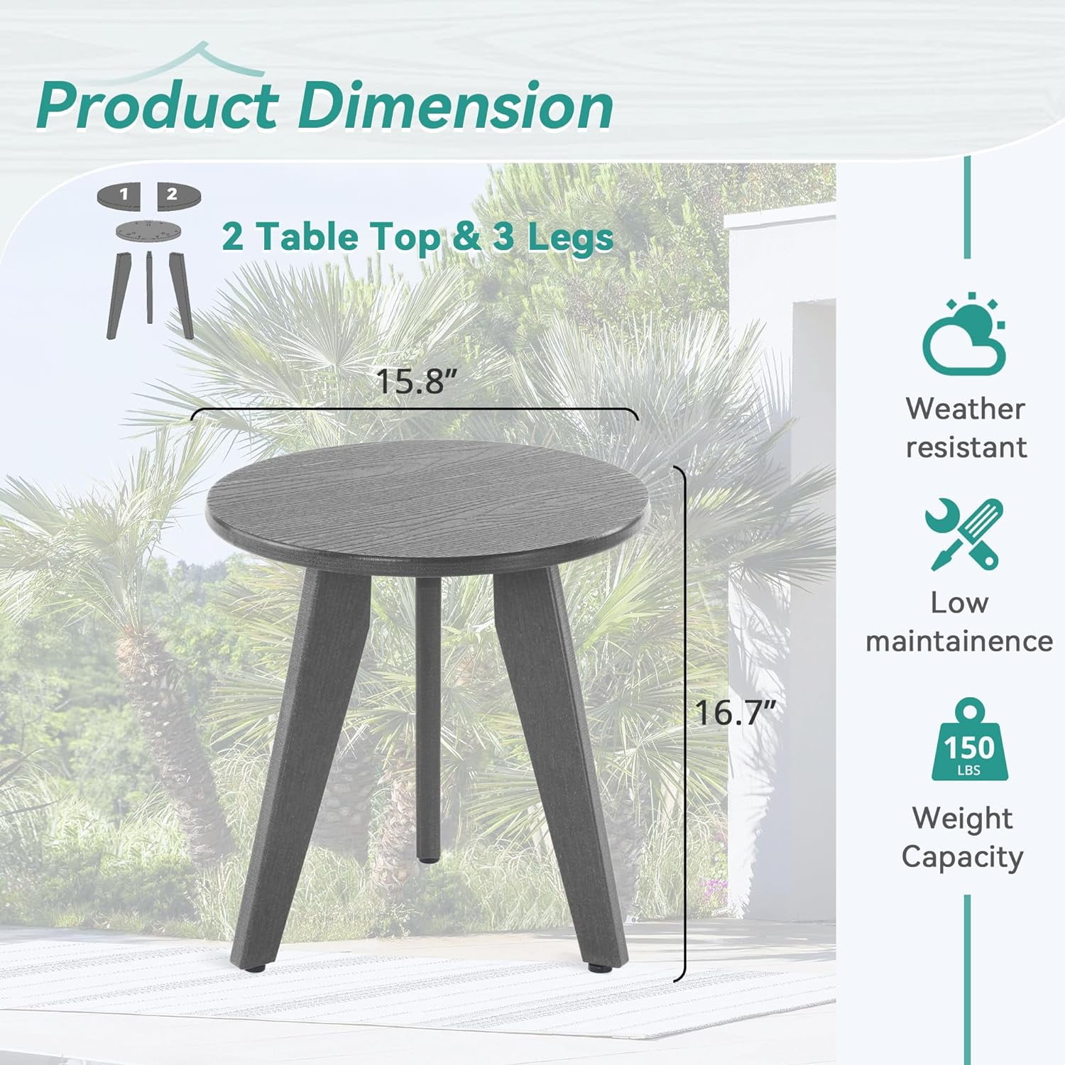 Dycanpo Outdoor Side Table for Patio, Small Round End Table Weather-Resistant for Living Room, Bedroom, Gray