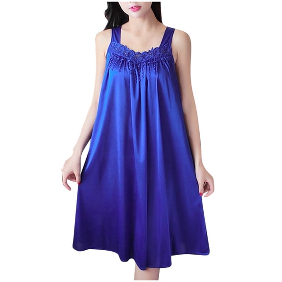 Lightweight Short Sleeve Nightgowns for Women Fashion Women Summer V-Neck Casual Solid Sleeveless Sleepshirts Dress Blue Free Size