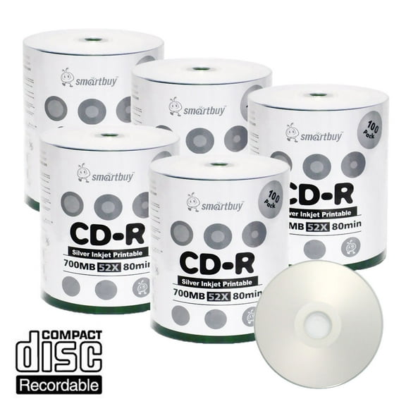 500 Pack Smartbuy 52X CD-R 700MB 80Min Silver Inkjet Hub Printable Data Blank Media Recordable Disc