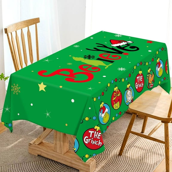 Fun Green Christmas Tablecloth, Winter Believe Birthday Party Christmas Decoration, Rectangular Holiday Kitchen Dining Room Decor (60" x 84")