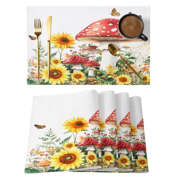 Farm Large Mushroom Sunflower Placemats Set of 6,Wipeable Washable Table Mats for Dining Tables, Spring Butterfly Plant Place Mats for Kitchen Event Party Tabletop Decor
