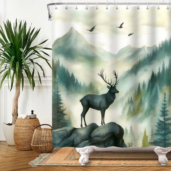 MIZHONA Deer Misty Forest Shower Curtain Mountain Bathroom Curtain Decor with Hooks 72"W x 72"L