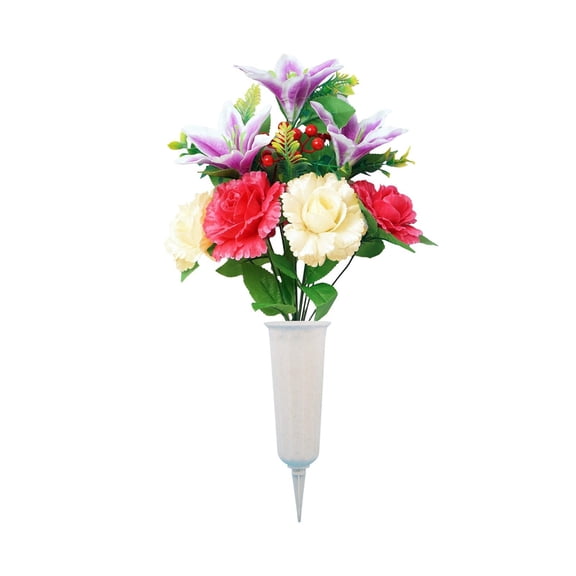 Outdoor Cemetery Artificial Peony Flower Bouquet with Ground Insert Vase, Weather Resistant Fake Floral Arrangement for Grave Memorial Decor