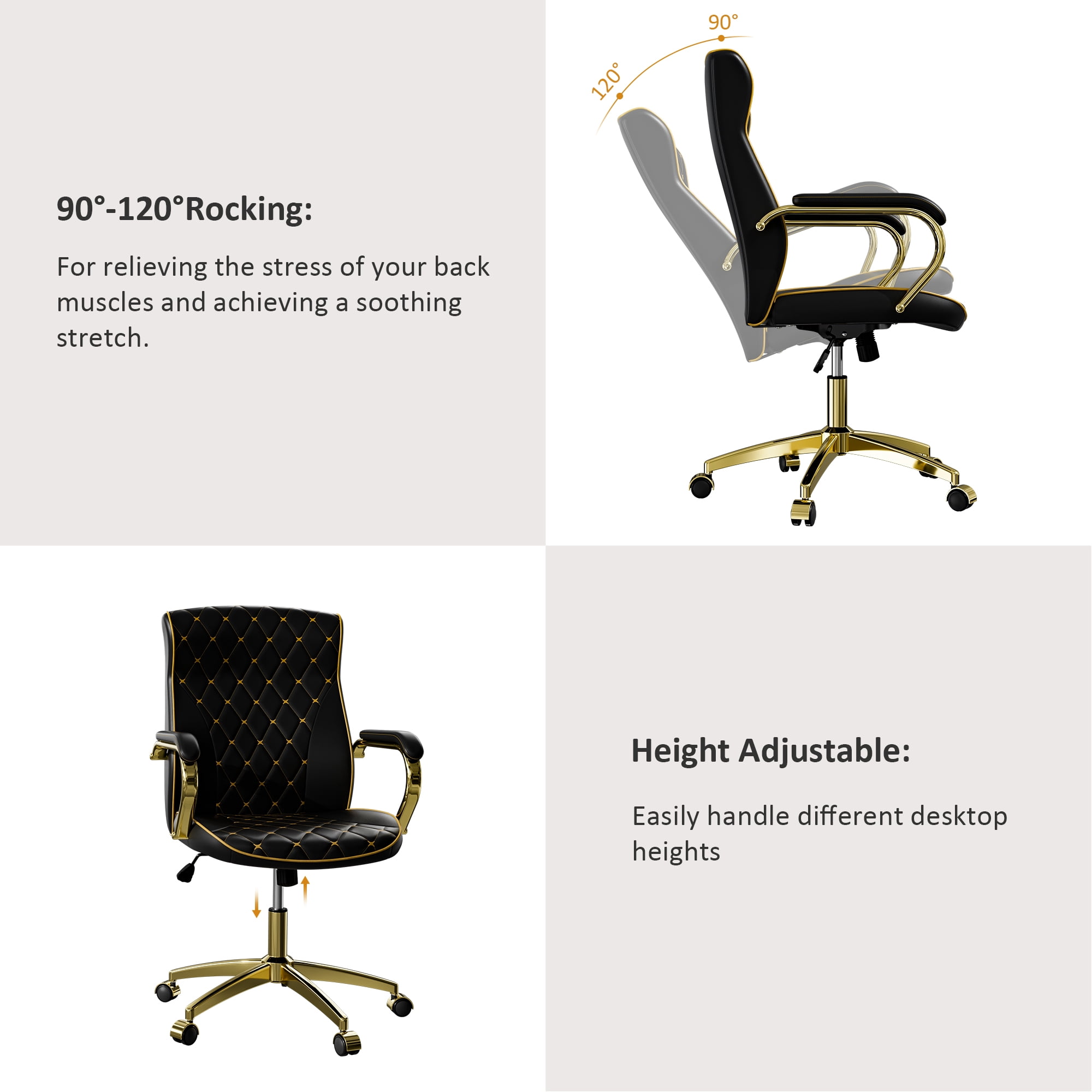 Ninecer Swivel PU Leather Office Chair, Ergonomic High Back Desk Chair with Padded Armrests, Computer Desk Chair with Gold Metal Frame, Black