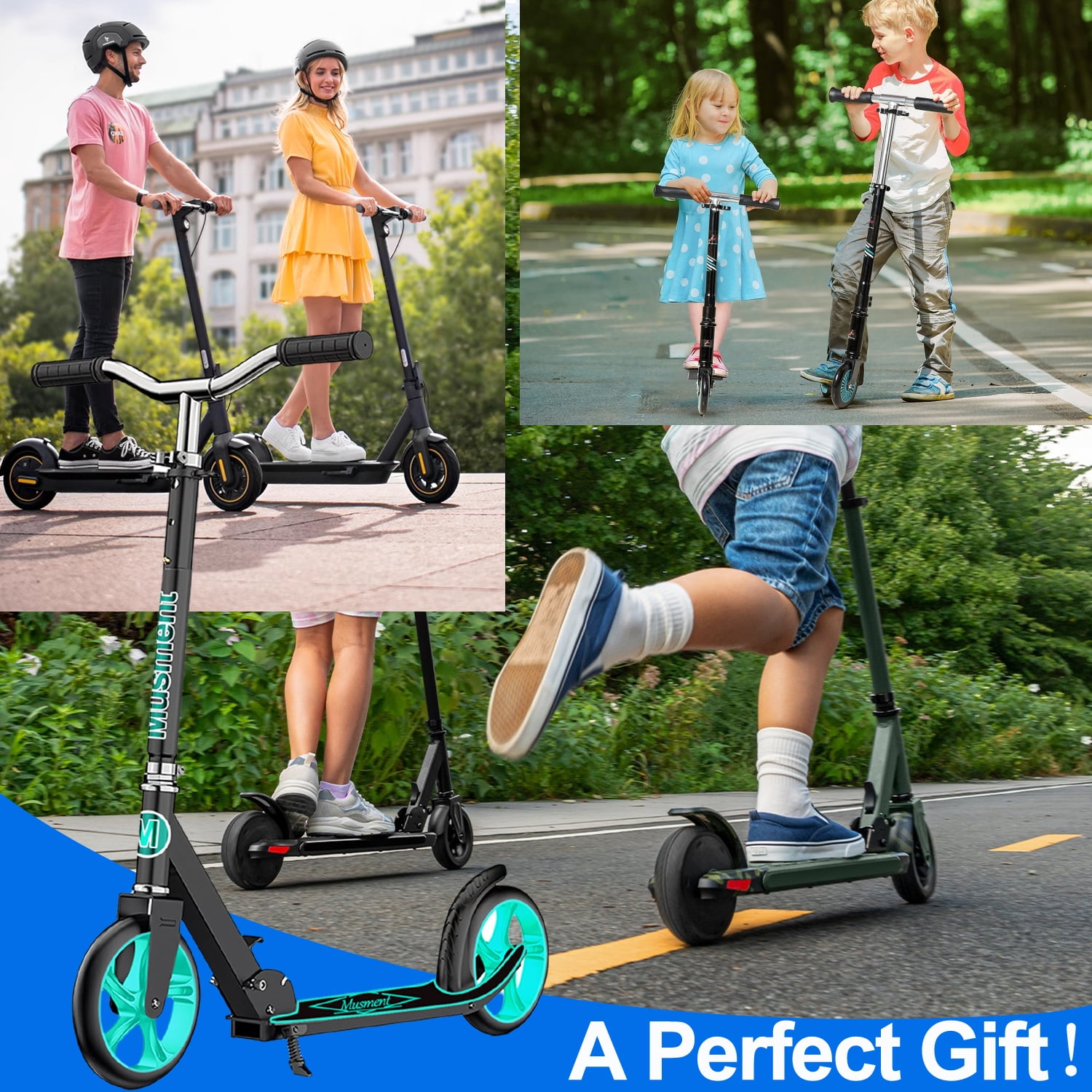 Foldable Scooter -200mm Big Wheels 4 Levels Height Adjustable for Kid, Teens  - Unisex, Black
