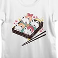 thumbnail image 2 of Bioworld Tasty Peach Sushi Box Chopsticks Graphic Juniors Womens Crew Neck Short Sleeve T-Shirt | Officially Licensed-Large, 2 of 5
