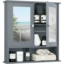 Bathroom Medicine Cabinet, Bathroom Wall Cabinet with 2 Mirror Doors & Adjustable Shelf, Over Toilet Storage, Wood Wall Mounted Storage Cabinet for Laundry Room, Living Room, Kitchen (Grey)