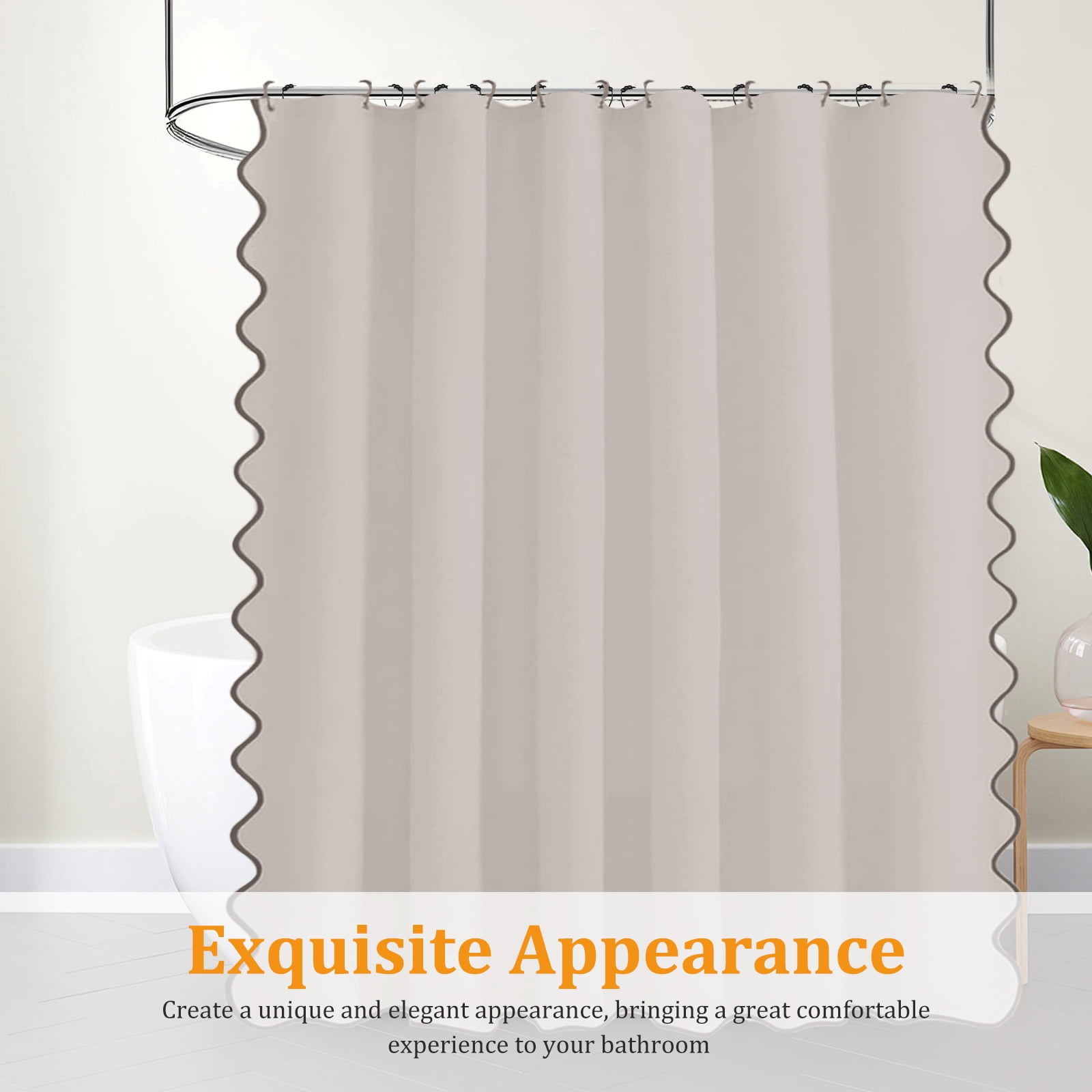 Dznils Black Scalloped Boho Shower Curtain with Hooks, Water-Repellent Thick Linen Fabric Bathroom Curtain, Beige, 72" x 72"