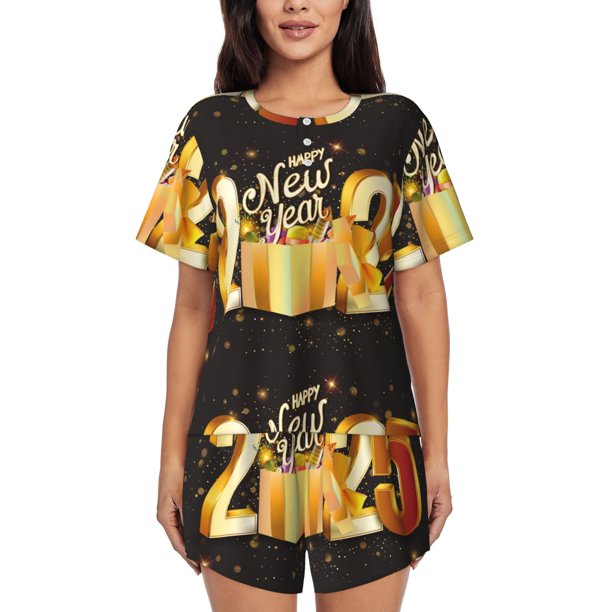 Balery Happy New Year 2025 C Conjunto de Pijama para Mujer con Estampado, Dos Piezas de Manga Corta y Shorts, Ropa de Dormir Suave con Cuello Redondo y Bolsillos-3X-Large