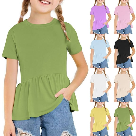 Mwjwdo Girls Summer Cute Peplum T-Shirts Kids Trendy Ruffle Short Sleeve Loose Fit Casual Crewneck Tunic Tops Blouse for 3-12 Years Army Green 3 Years