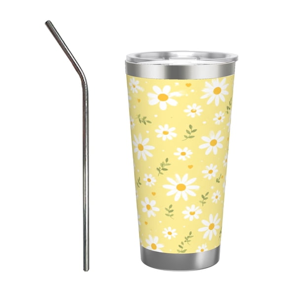 20oz Yellow Daisy Floral Tumbler with Handle and Straw Insulated Travel Coffee Cup Gift with Stainless Steel Straw