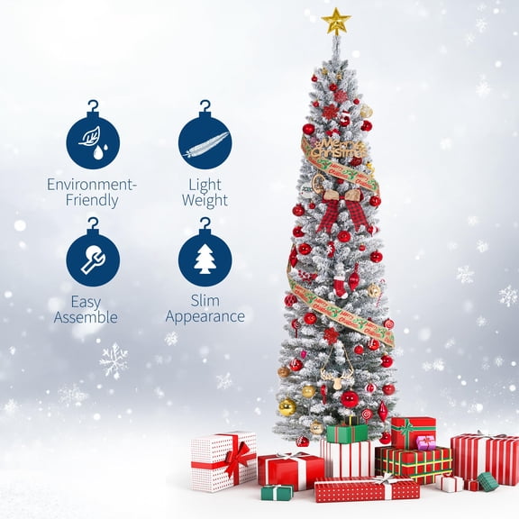 Christmas Tree,Pencil Artificial Tree with Prelit Branch Tips, Snow Flocked Slim Design, Warm White LED Lights & Foldable Stand, Easy Assembly for Home, Office, Apartment
