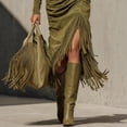 thumbnail image 3 of MORTTIC Women's Elegant Solid Color Fringe Dress – High Neck Cinched Waist Side Slit Vintage Western Style Fall/Winter Dress Olive Green，S, 3 of 4