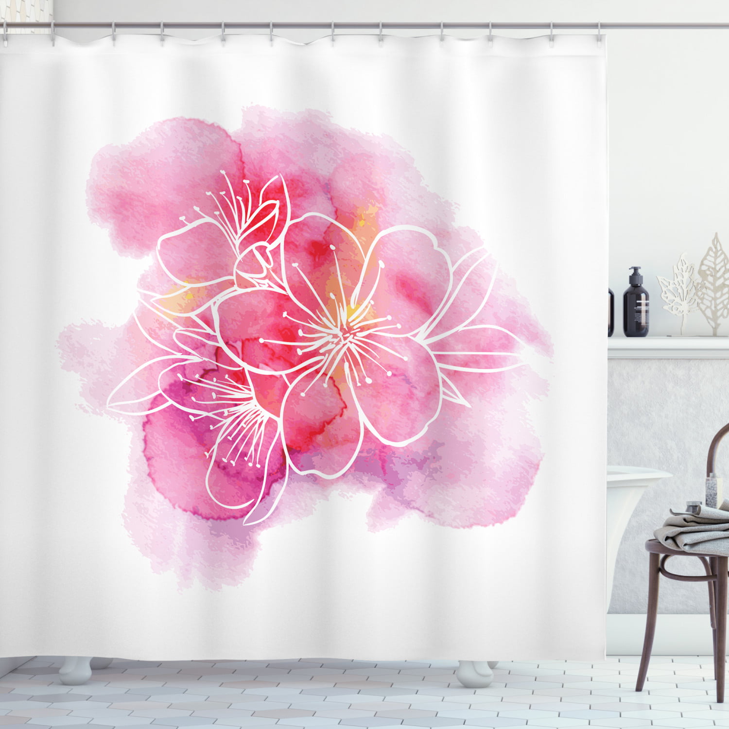 Watercolor Beautiful Blooming Flowers Waterproof Fabric Shower Curtain Liner 79" 