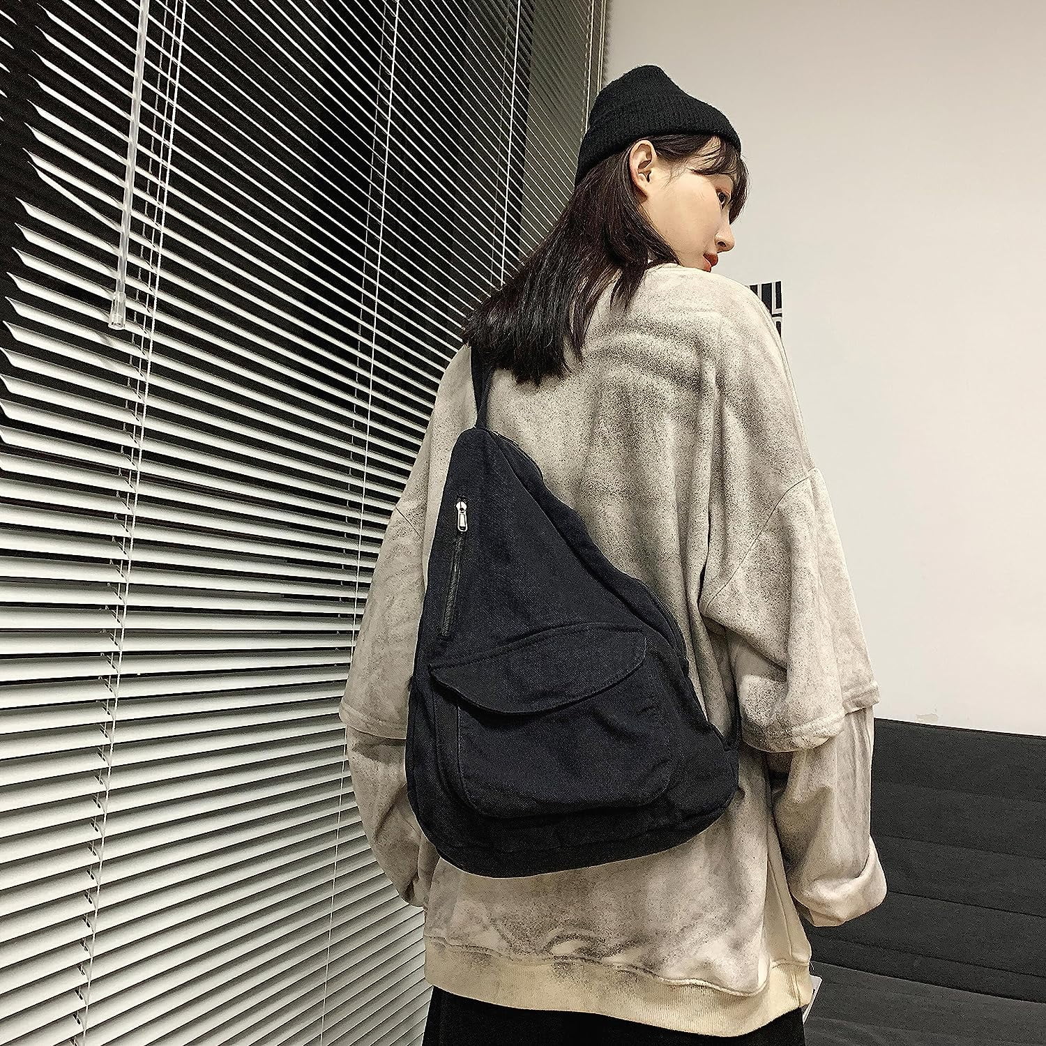 Canvas Sling Crossbody Bag for Women Men, Daypack Sling Bags Travel Casual Hiking Small Chest Shoulder Purse Bag Outdoor(470/White)