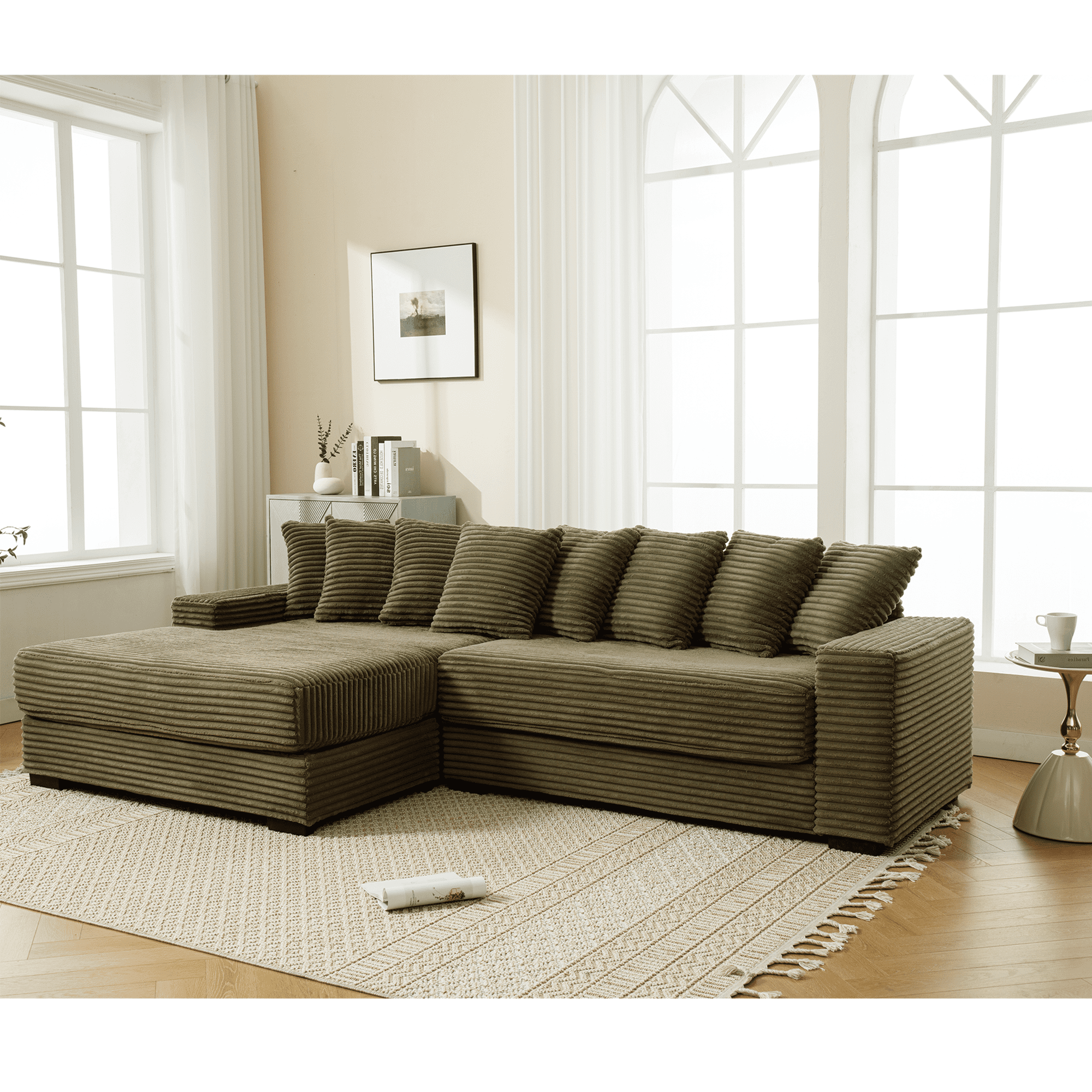AISWORD 111" Oversized 3-Seat L-Shaped Sectional Sofa with Right Chaise, Luxury Corduroy Fabric Modular Couch with 8 Throw Pillows, Easy Assembly for Living Room
