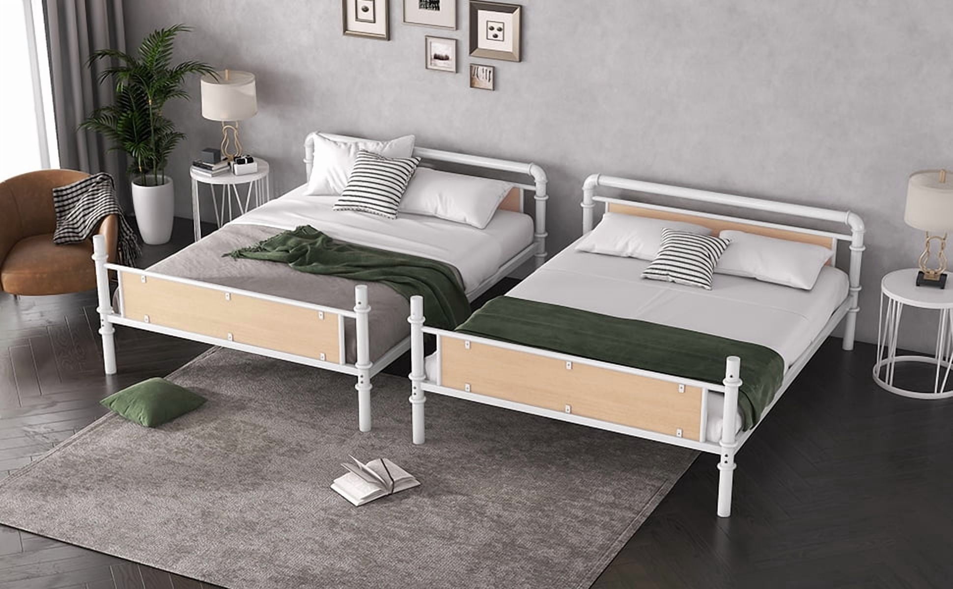 HOQBN Bunk Bed Twin XL over Twin XL,Industrial Metal Bunk Bed Frame with Safety Guardrails,White