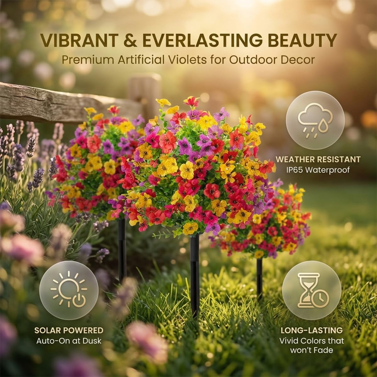Artificial Flowers for Outdoors with Ground Stakes, UV Resistant Waterproof Faux Violet Blooms, Garden Yard and Patio Decoration