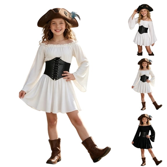 Yuhangmm Girls Renaissance Dress Off Shoulder Puff Sleeve Girls Medieval Dress Pirate Fairy Halloween Outfit White 11-12 Years
