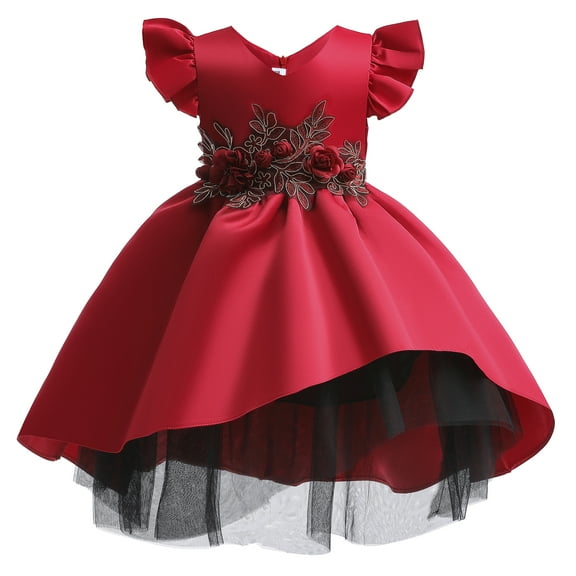 2T Baby Girls Dress Baby Girls Party Dress V-neck Ruffle Sleeve Irregular Dress Birthday Gift 2-3T Toddler Girls Tulle Dress Formal Princess Dress Red