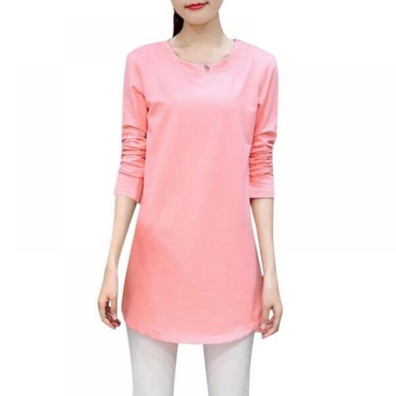 Women Autumn Round Collar Solid Color Slim Versatile Long Sleeve Blouse Casual Female T-Shirt Tops Pink