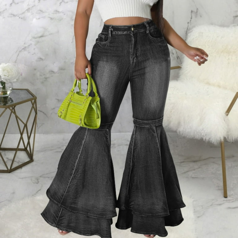 JDEFEG Jean Pants for Women Plus Women's Fashion Classic Retro Bell Bottom  Pants High Waist Stretch Fit Long Denim Bell Bottom Jeans Jean Vest Women