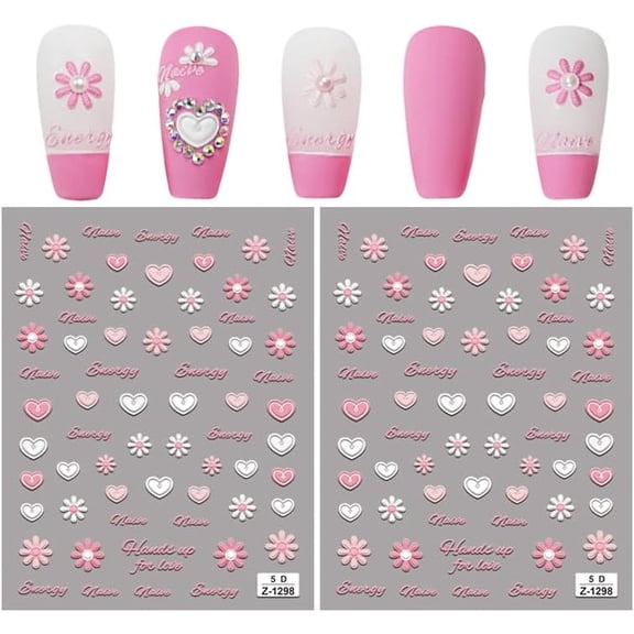 2Pcs Floral Nail Art Stickers 0.35x0.65x0.04cm Pink White Paper Nail Decals Stylish Heart Flower Pattern Design for Summer Women DIY Everyday Decorations