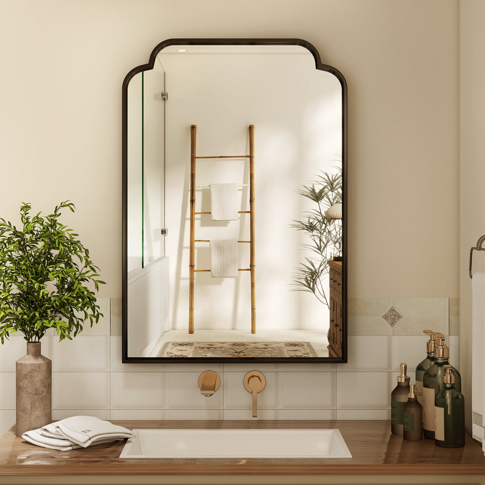 BEAUTYPEAK 20"x30" Arched Bathroom Mirror with Curved Top Modern Decorative Wall Mirror with Deep Frame, Black