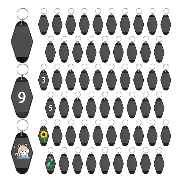 60 Piezas Motel en Blanco Vintage Retro Sublimation Ornament Blanks Rhombus Llaveros para Vinilo DIY Equipaje, Negro