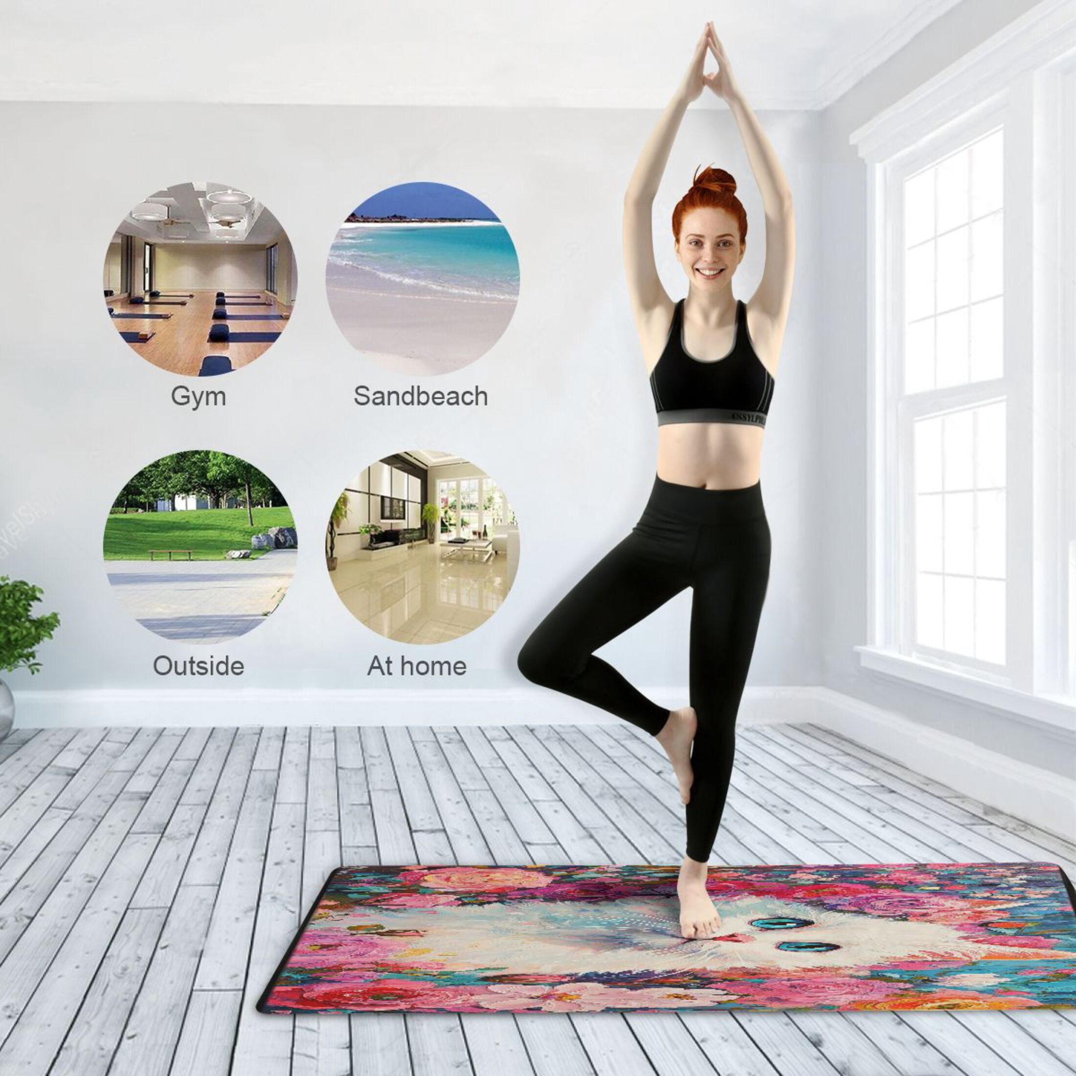 BZSMCE Yoga Mat Women Cat Surrounded by Pink Flowers Fitness Mat