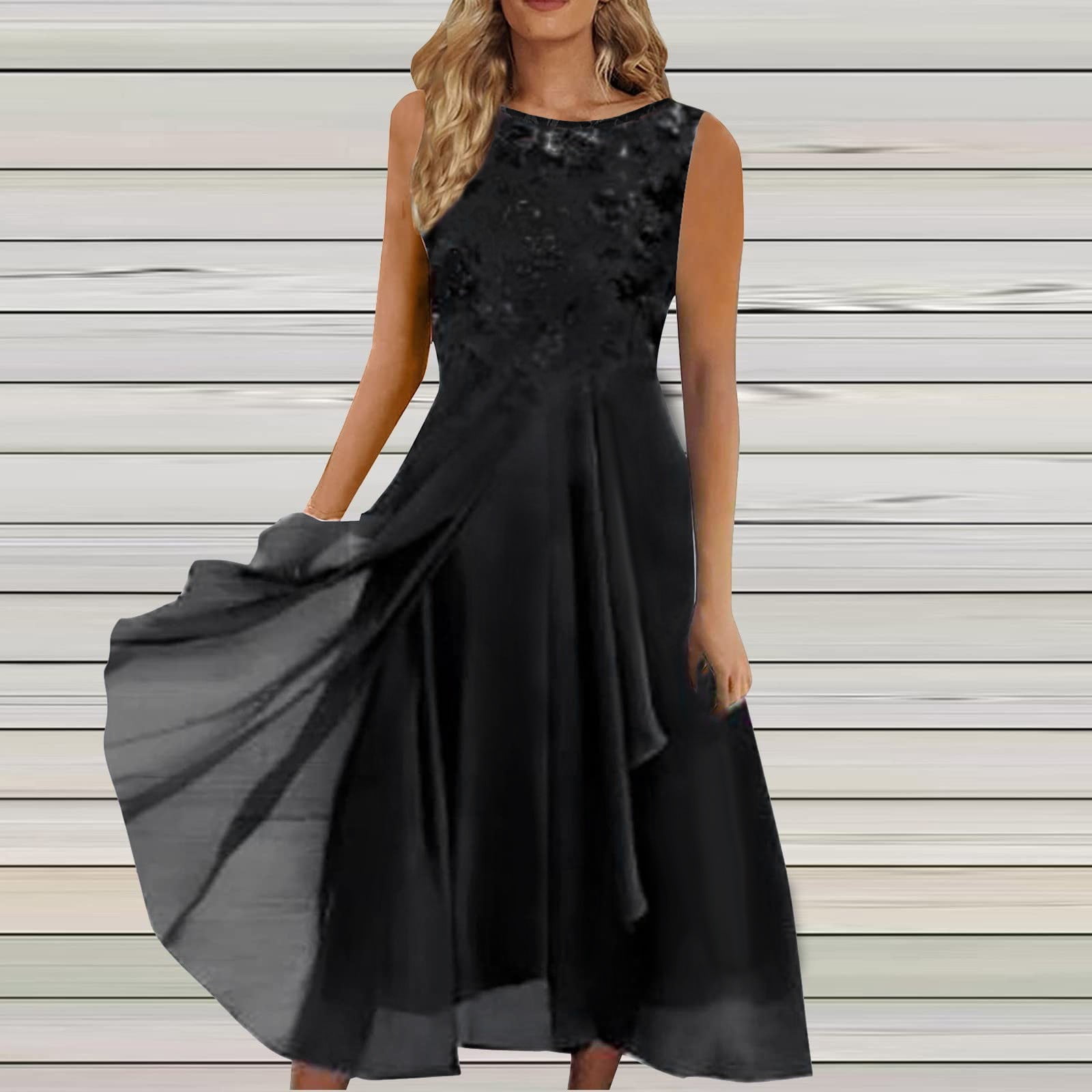 XIAOCHA Womens Lace Dress Flared Chiffon Sleeveless Round Neck Evening Gown Flowy Elegant Party Dresses
