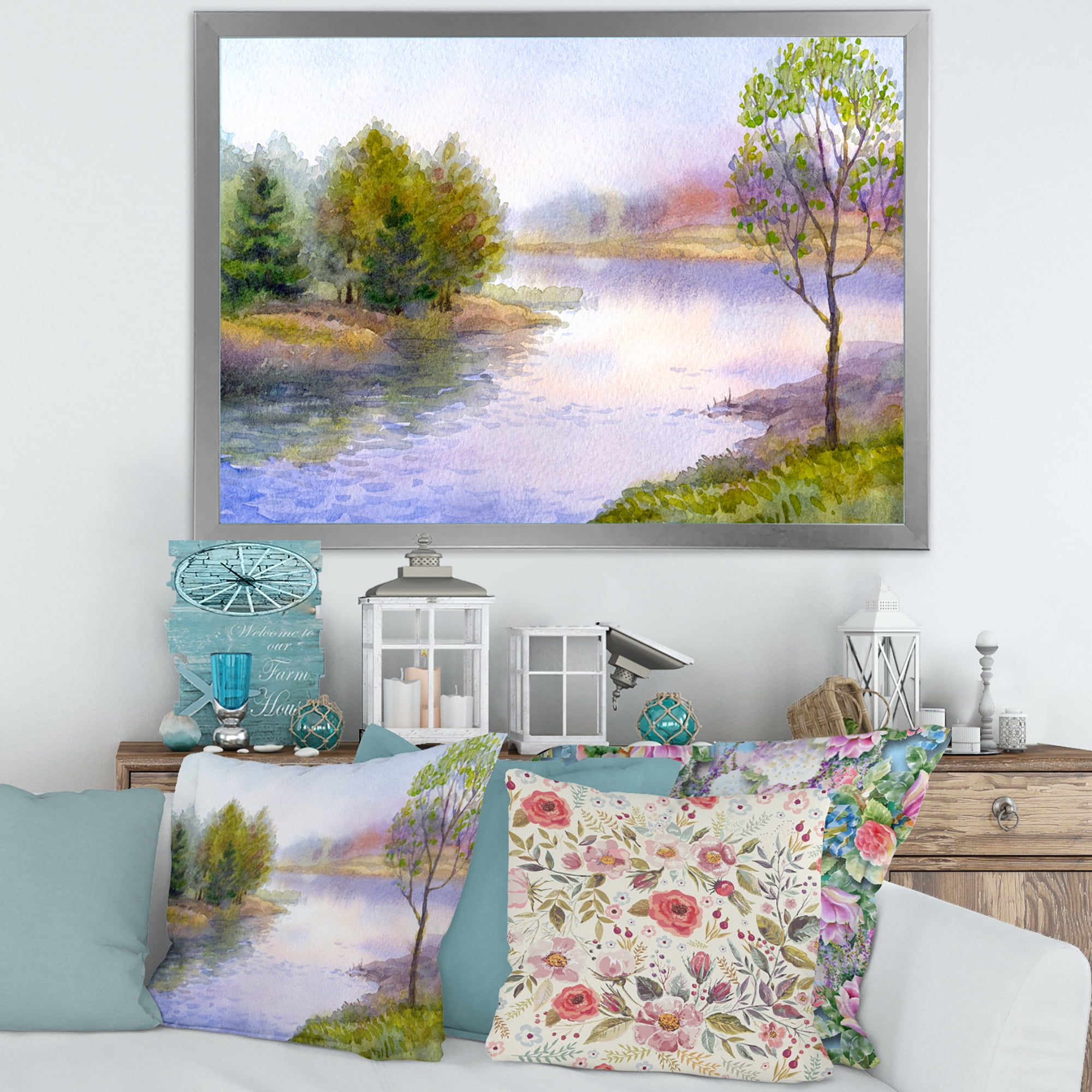 Designart 'Trees On The Bank Of River' Lake House Framed Art Print