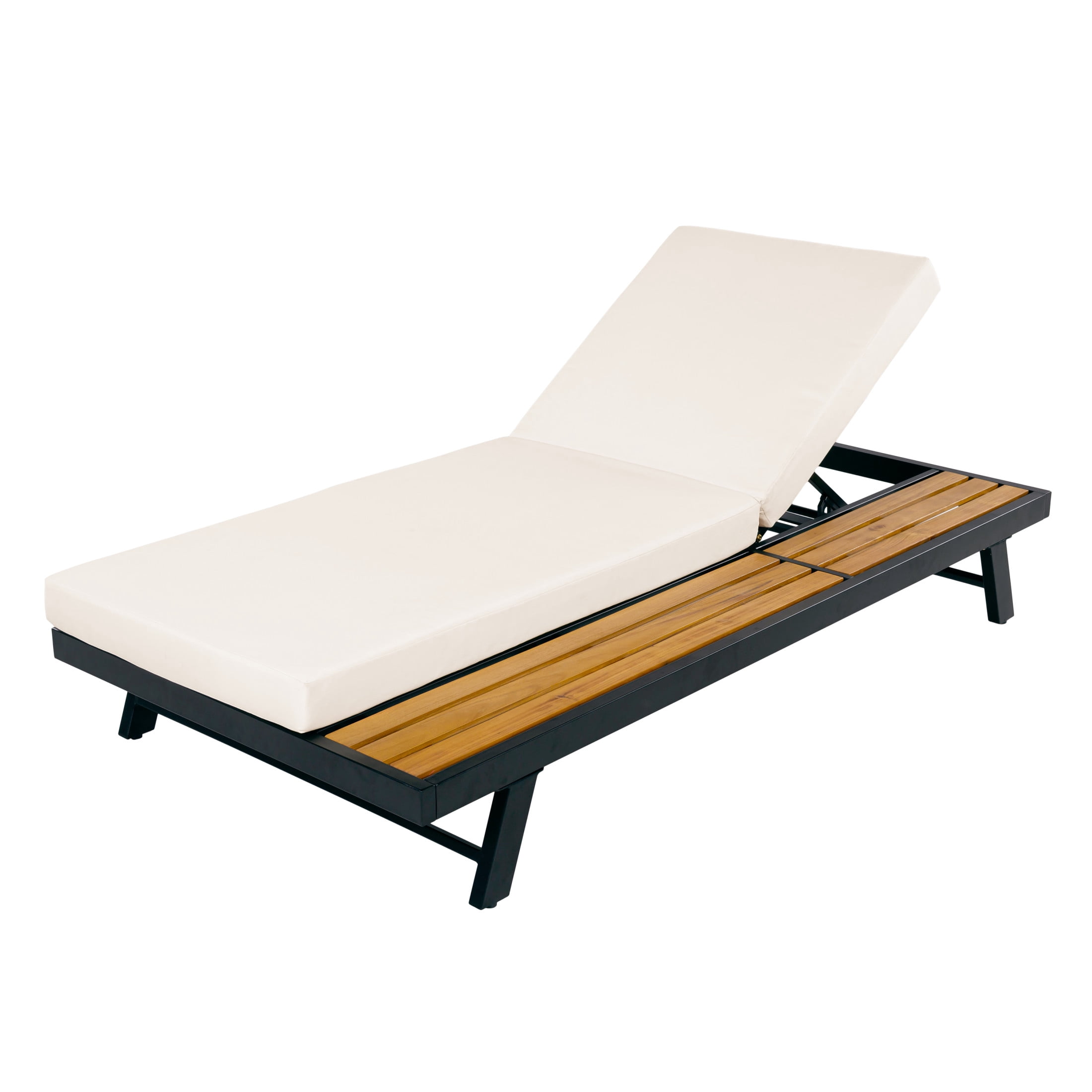 Christopher Knight Home Outdoor Chaise Lounge with Cushion, Iron Frame and Wooden Side Shelf, Black+Cream