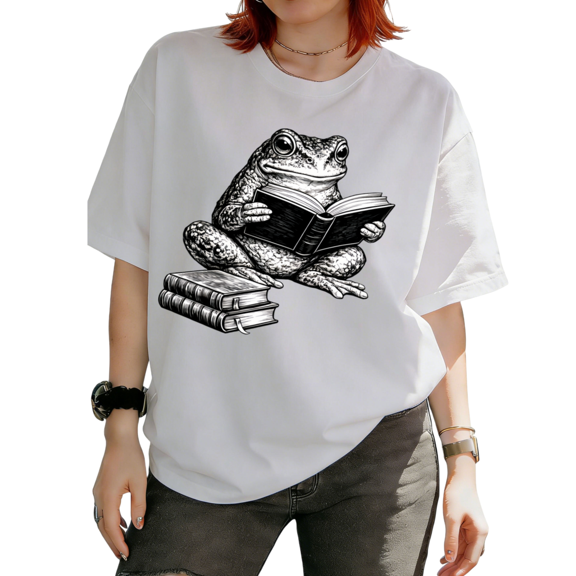 Cozymy Women's Cute Reading Frog Vintage Book Lover Graphic Short Sleeve T-Shirt Casual Comfortable Daily Tees Tops