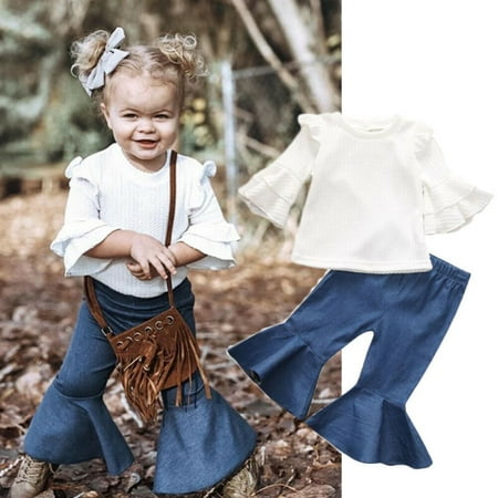 

Qtinghua Toddler Baby Girls Off Sloulder Top Ruffle Blouse Pearl Denim Ripped Long Jeans Pants Outfits Clothes