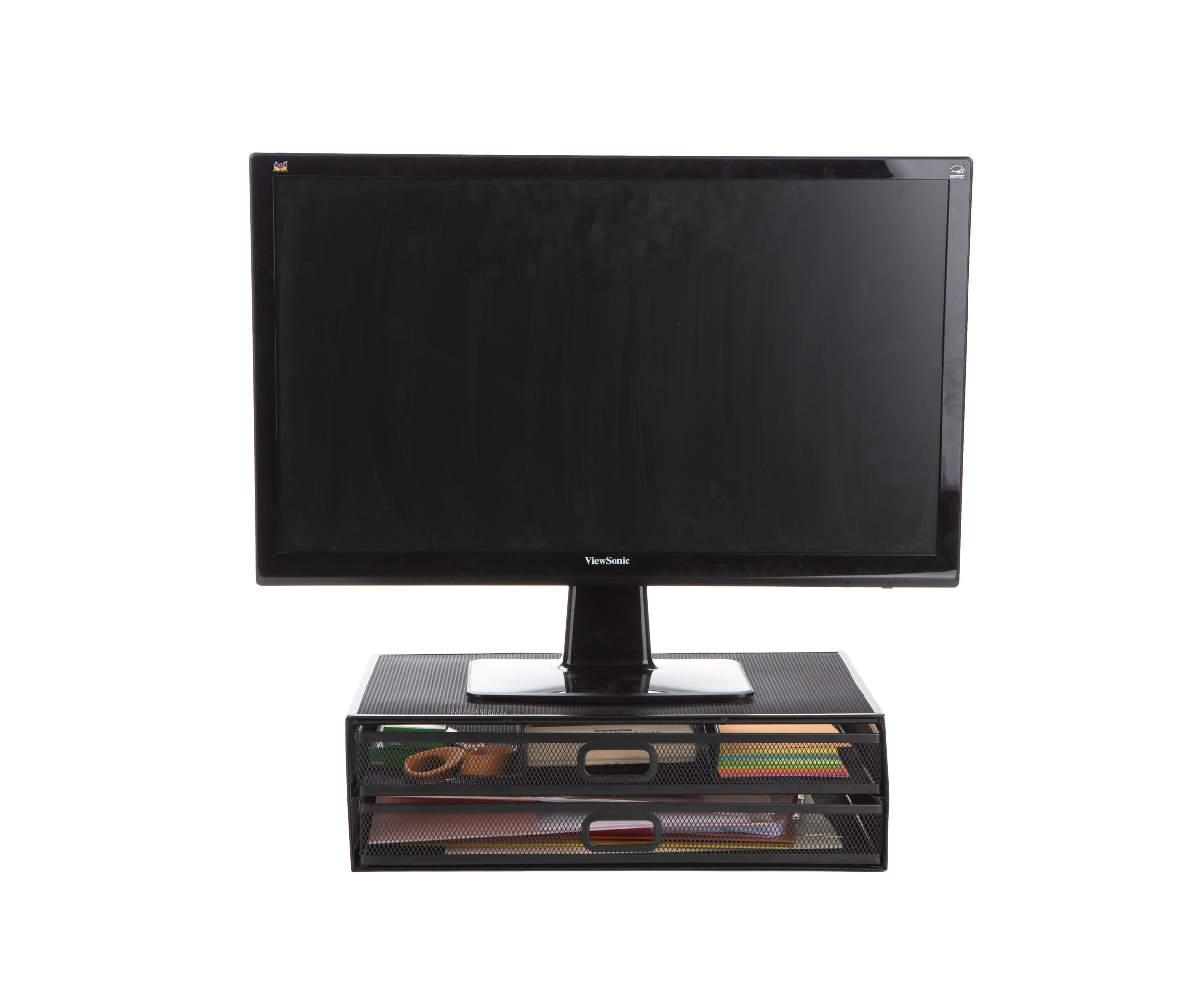 Mind Reader Metal Desk Monitor Stand Riser with 2 Organizer Drawers