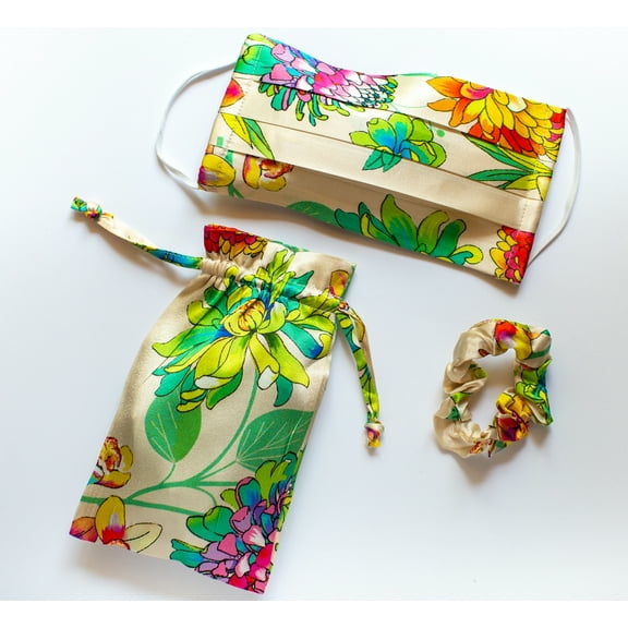 Medi Sons Supply Designer Silk Washable Women's Face Mask Covering Gift Set with Matching Mask, Hair Scrunchie and Carry Bag, Bright Floral