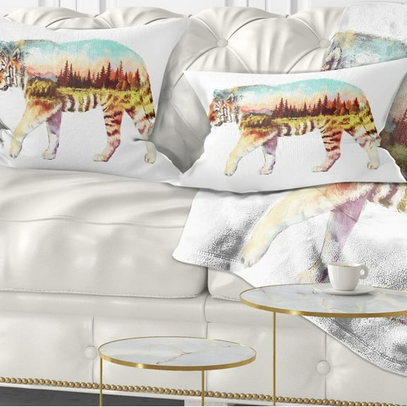 Designart Tiger Double Exposure Illustration - Animal Throw Pillow - 12x20