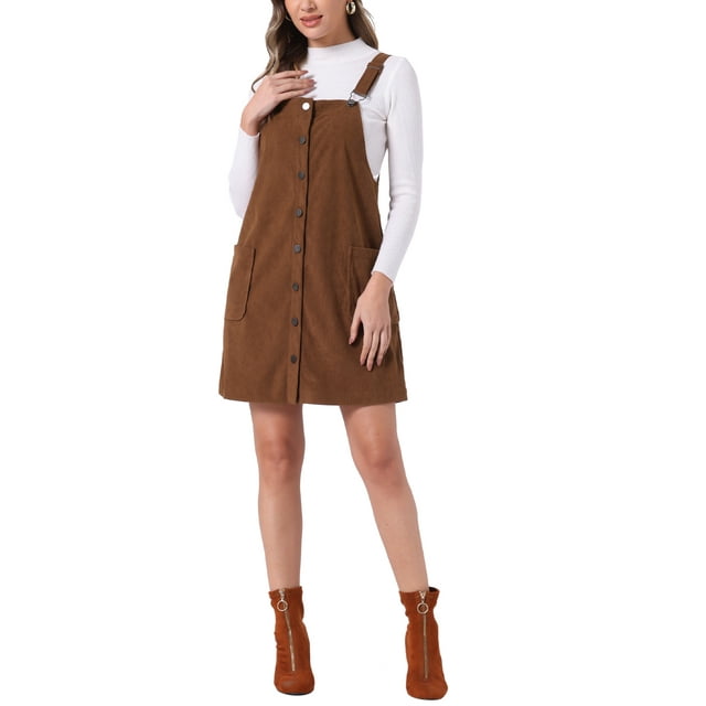 Vestido de Pana para Mujer Inspire Chic con Tirantes Ajustables, Botones y Bolsillos, Talla XL, Marrón Oscuro