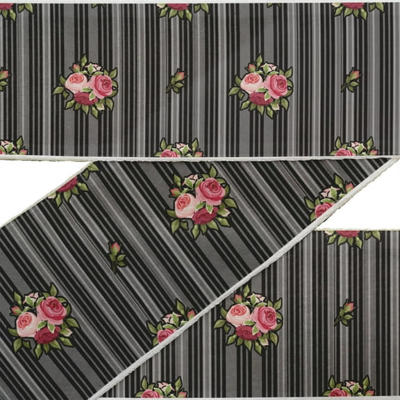 IBA Indianbeautifulart Black Stripe|Leaves & Rose Floral Printed Ribbon Trim By 9 Yard Dupion Fabric Laces For Crafts Sewing Accessories 3 Inches