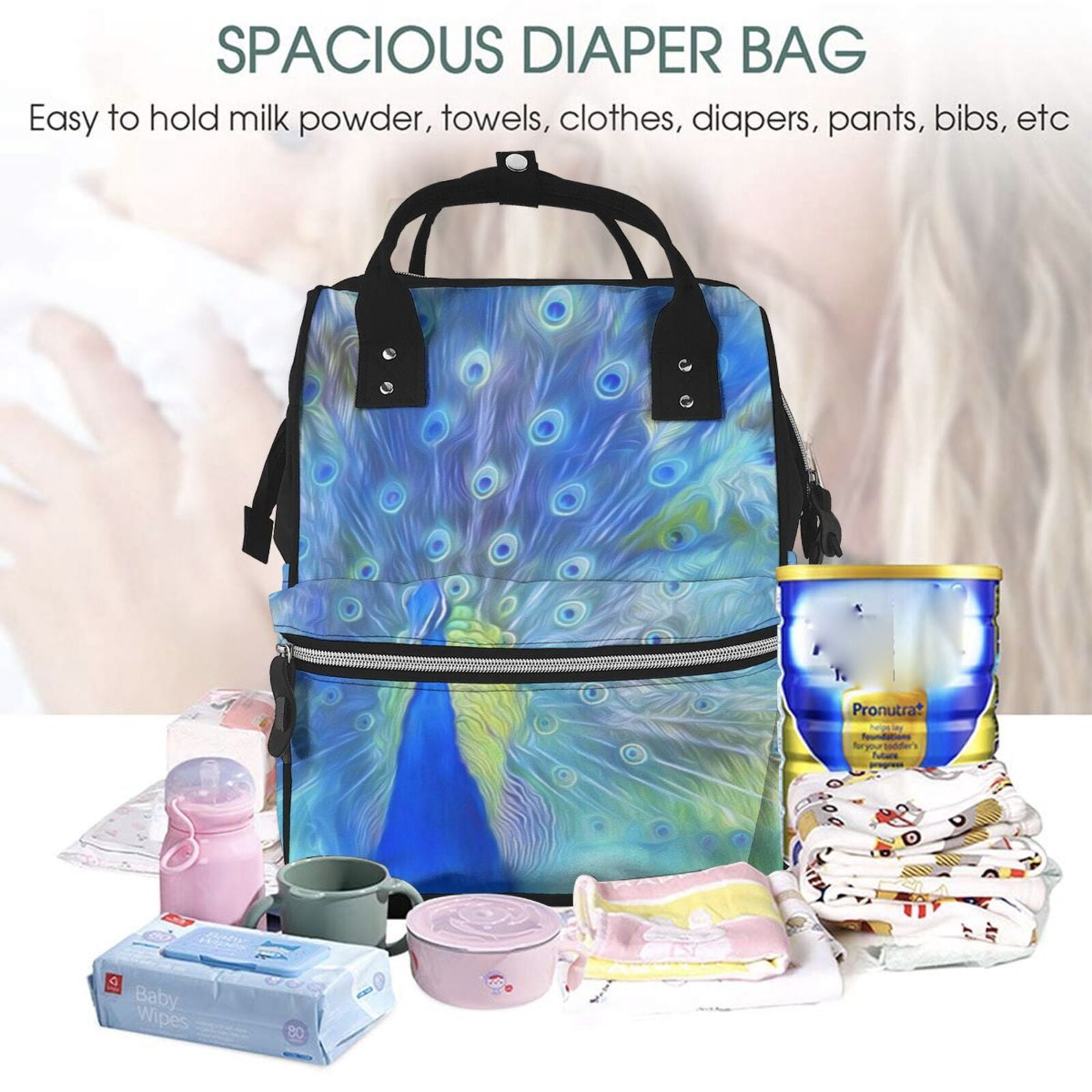 Ratiio Peacock Mummy Backpack - Waterproof Twill Canvas, Large Capacity Diaper Bag with Multiple Pockets and Adjustable Straps