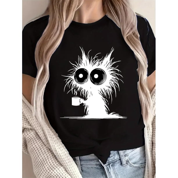 Camisetas divertidas para mujer, con estampado de animales, manga corta, cuello redondo, para verano, casual, holgadas, ligerasWomen'S T-Shirt, "Deep-Fried Fur Water Cup Cat White" Print, Retro Mini