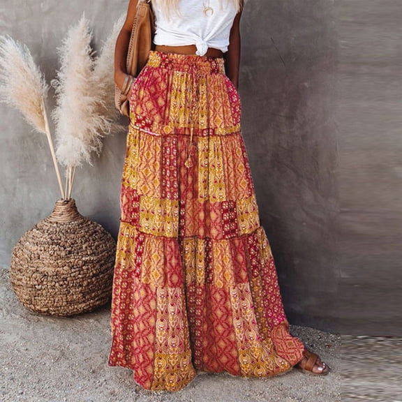 Boho Printed Tiered Maxi Skirt for Women Elastic Drawstring High Waist Flowy Long Skirt With Side Pockets