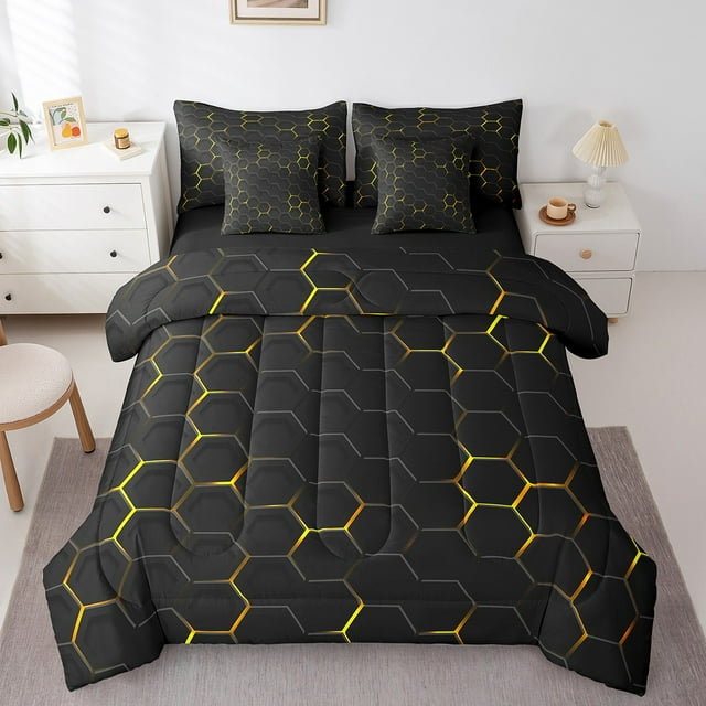 YST Ensemble de Literie 7 Pcs à Motif Nid d'Abeilles Doré, Ensemble de Literie Géométrique Format Simple
